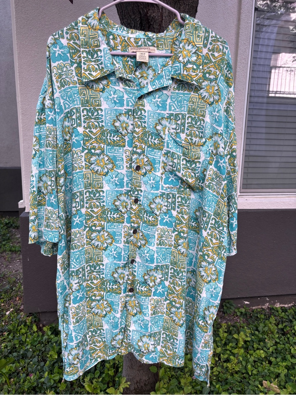 Island Passport 3XLT Men's Shirt Rayon Hawaiian Tropical Teal Yellow Floral TALL